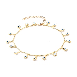 Dark Cyan Brass Bar Link Chain Anklets, with Enameled Star with Evil Eye Charms, Real 18K Gold Plated, Dark Cyan, 9-7/8 inch(25cm)