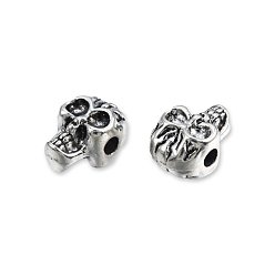 Antique Silver Tibetan Style Alloy Beads, Cadmium Free & Lead Free, Skull, Antique Silver, 11x7.5x6.5mm, Hole: 2mm, about 660pcs/1000g