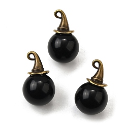 Обсидиан Круглые подвески из натурального обсидиана с ведьминой шляпой из сплава, античная бронза, 27~27.5x16~16.5 мм, отверстие : 1.5x2 мм