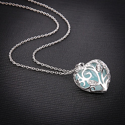Pale Turquoise Luminous Glow in the Dark Alloy Heart Cage Pendant Necklace, Pale Turquoise, 11.26 inch(28.6cm)
