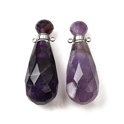 Аметист Кулоны для духов из натурального аметиста, с 304 фурнитурой из нержавеющей стали, граненые, слезинки, цвет нержавеющей стали, 49x17~18 мм, отверстие : 1.9 мм