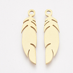 Golden 201 Stainless Steel Pendants, Feather, Golden, 25x6x1mm, Hole: 1.6mm