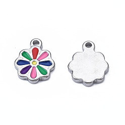 Разноцветный 304 прелести нержавеющей стали, с эмалью, цветок, цвет нержавеющей стали, красочный, 12.5x10x2 мм, отверстие : 1.5 мм