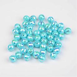 Cyan Faceted Colorful Eco-Friendly Poly Styrene Acrylic Round Beads, AB Color, Cyan, 6mm, Hole: 1mm, about 5000pcs/500g