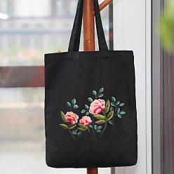 Hot Pink DIY Peony Pattern Black Canvas Tote Bag Embroidery Kit, including Embroidery Needles & Thread, Cotton Fabric, Plastic Embroidery Hoop, Hot Pink, 390x340mm