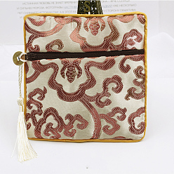 Beige Chinese Style Square Cloth Zipper Pouches, with Random Color Tassels and Auspicious Clouds Pattern, Beige, 12~13x12~13cm