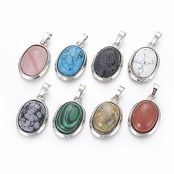 Mixed Stone Natural & Synthetic Mixed Stone Pendants, with Brass Findings, Oval, Platinum, 25~26x17~17.5x8~9mm, Hole: 8x5mm