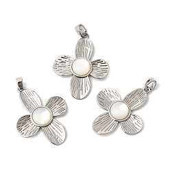 Платина Натуральный белый оболочки подвески, цветочные подвески с латунной оправой, платина, 31.5x24.5x3.5 мм, отверстие : 3x4.5 мм