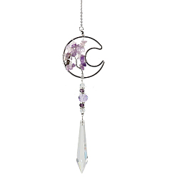 Indigo K9 Crystal Glass Big Pendant Decorations, Hanging Sun Catchers, with Amethyst Chip Beads, Moon with Tree of Life, Indigo, 410mm