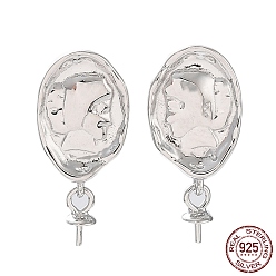Real Platinum Plated Rhodium Plated 925 Sterling Silver Stud Earring Findings, with Shell & S925 Stamp, for Half Drilled Pearl Beads, Oval with Woman, Real Platinum Plated, 18.5x8.5mm, Pin: 0.6mm & 0.7mm