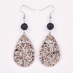 Dark Salmon PU Leather Sequins Dangle Earring, with Natural Lava Rock Beads and Brass Earring Hooks, Platinum, Dark Salmon, 73mm, Pin: 0.7mm