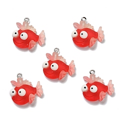 Red Opaque Resin Pendants, with Platinum Tone Iron Loops, Frosted, Fish, Red, 24x23.5x6mm, Hole: 2mm