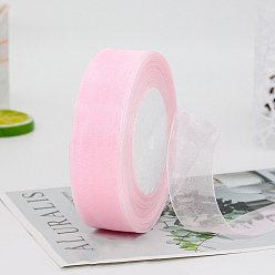 Pink Polyester Organza Ribbon, for Christmas Decoration, Pink, 1 inch(25mm), about 49.21 Yards(45m)/Roll