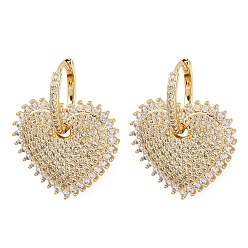 Сердце Латунные серьги-кольца из прозрачного кубического циркония, долговечный, стойки покрытие, реальный 18 k позолоченный, сердце, 31x25 мм