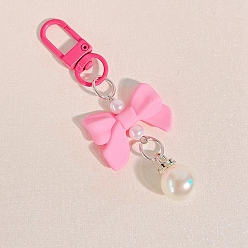 Deep Pink Macaron Color Plastic Bowknot and Round Pendant Keychain, with Clasp, Deep Pink, 90mm