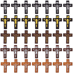 Mixed Color Easter Theme SUNNYCLUE Printed Wooden Pendants, Crucifix Cross, Dyed, Mixed Color, 32.5~33.5x21~22x4.5mm, Hole: 2mm, 50pcs/set