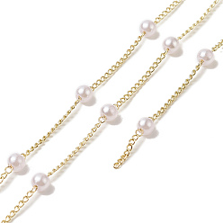 Golden Handmade Plastic Pearl Beaded Chains, with Rack Plating Brass Curb Chains, Soldered, with Card Paper, Golden, 6.5x4mm