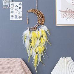 Yellow Moon with Tree of Life Natural Topaz Jade Chips Woven Web/Net with Feather Decorations, Home Decoration Ornament Festival Gift, Yellow, 160mm