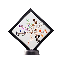Mixed Stone Natural Gemstone Chips Photo Frame Stand, Home Display Decorations, with Rose Gold Plated Brass Wire, Rhombus with Tree, 160mm