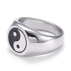 Stainless Steel Color 304 Stainless Steel Finger Rings, Yin Yang Ring, with Enamel, Gossip, Stainless Steel Color, Size 8, Inner Diameter: 18.2mm
