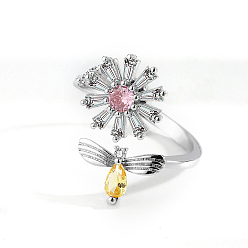 Rose Adjustable Opening Brass Rhinestone Ring, Cuff Rings, Rotating Ring, Flower with Bees for Women, Pink, 12mm
