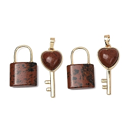 Mahogany Obsidian Natural Mahogany Obsidian Beaded Pendants, Lock and Key Charms, with Golden Brass Findings, 31.5~32.5x20~20.5x7.5mm, Hole: 11x12mm