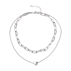Stainless Steel Color Non-Tarnish 304 Stainless Steel Double Chains Multi Layered Necklace with Heart Beaded for Women, Stainless Steel Color, 16.34 inch(41.5cm)
