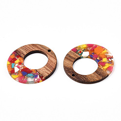 Colorful Transparent Resin & Walnut Wood Pendants, with Gold Foil, Donut Charms, Colorful, 38x3mm, Hole: 2mm