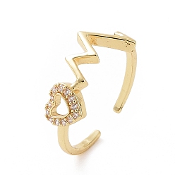 Golden Clear Cubic Zirconia Heart Beat Open Cuff Ring, Brass Jewelry for Women, Golden, Inner Diameter: 17.6mm