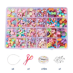 Mixed Color DIY Jewelry Making Kits For Children, Acrylic Beads, Lobster Claw Clasps, Crystal Thread, Jump Ring, Ear Nuts, Scissor, Bead Tips, Rabbit Pendant and Stainless Steel Hair Bands, Mixed Color, 220x130x22mm, about 600pc/box