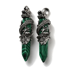 Malachite Synthetic Malachite Pointed Big Pendants, Faceted Bullet Charms with Rack Plating Antique Silver Plated Alloy Gragon, Cadmium Free & Lead Free, 63~64x19~20x15.5mm, Hole: 7.5x6.5mm