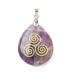 Аметист Подвески из натурального аметиста , с реечной обшивкой латунными выводами, без кадмия и без свинца, очарование слезы, 31x25x5~7 мм, отверстие : 4.5x4 мм