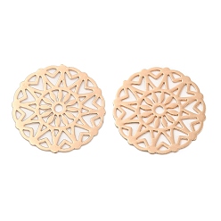 Light Gold Long-Lasting Plated Brass Filigree Joiners, Etched Metal Embellishments, Flat Round with Flower, Light Gold, 18x0.3mm, Hole: 1.5mm