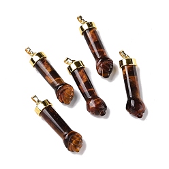 Тигровый глаз Природных тигровый глаз подвески, с фурнитурой латунной золотого тона, форма кулака, 45x12x10 мм, отверстие : 4.5x7.5 мм