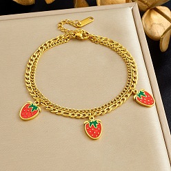 Golden 304 Stainless Steel Enamel Red Strawberry Charm 2-Strand Bracelets for Women, Golden, 6.30 inch(16cm)