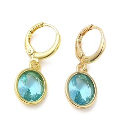 Deep Sky Blue Real 18K Gold Plated Brass Dangle Leverback Earrings, with Oval Glass, Deep Sky Blue, 27x10mm