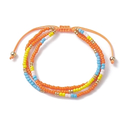 Orange Adjustable Glass Seed Beaded Triple Layer Multi-strand Bracelet, Nylon Cord Braided Bead Bracelets, Orange, Inner Diameter: 2-3/8~3-1/2 inch(5.9~8.9cm)
