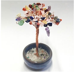 Mixed Stone Natural Gemstone Chips Tree Display Decorations, with Random Color Porcelain Bowls, Copper Wire Wrapped Feng Shui Ornament for Fortune, 66x100~110mm