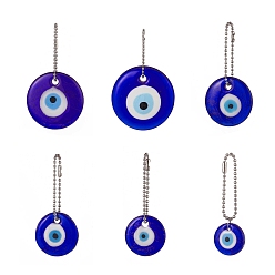 Blue Flat Round with Evil Eye Glass Pendant Decoration, with 201 Stainless Steel Ball Chains, Blue, 72~98mm, 6pcs/set