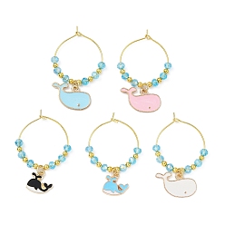 Mixed Color Whale Alloy Enamel Wine Glass Charms Sets, with Glass Beads and Brass Hoop Earrings Findings, Mixed Color, 42mm