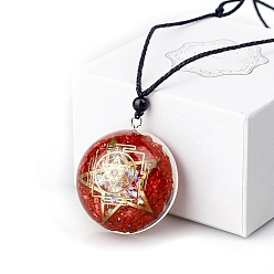 Red Dyed Natural Pyrite Resin Pendants, Yoga Theme Half Round Charms with Star, Red, 40mm