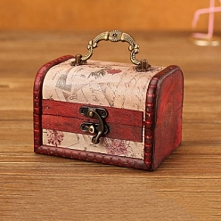 Others Wooden Portable Storage Boxes, with Iron Clasps & Iron Handle, Rectangle, FireBrick, Stamp Pattern, 12x8x8.5cm, Inner diameter: 10.8x6.5x7.5cm
