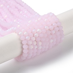 Pearl Pink Imitation Jade Glass Beads Strands, Faceted, Frosted, Half AB Color Plated, Rondelle, Pearl Pink, 4~4.5x3.5~4mm, Hole: 1mm, about 117~121pcs/strand, 16.61~16.73 inch(42.2~42.5cm)