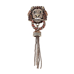 Antique Golden Tibetan Style Alloy Pave Colorful Rhinestone Brooch, Lion with Tassel, Antique Golden, 90x28x17mm