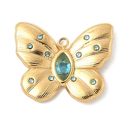 Аквамарин 304 подвески из нержавеющей стали, со стразами, бабочки прелести, реальный 18 k позолоченный, аквамарин, 17x21x3 мм, отверстие : 1.6 мм