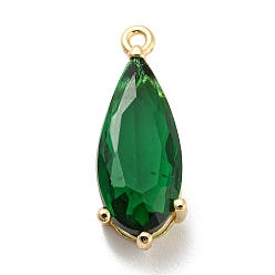 Green Brass Pave Cubic Zirconia Pendants, Teardrop, Real 14K Gold Plated, Green, 19.5x7.5x5.5mm, Hole: 1.2mm
