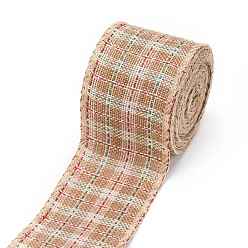 Tan Polyester Imitation Linen Ribbon, Linen Wired Edge Ribbon, Tartan Pattern, for DIY Crafts, Christmas, Wedding, Home Decoration, Tan, 2-3/8 inch(60mm), 5m/roll(5.5 yards/roll)