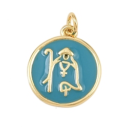 Светлый Морско-зеленый Латунь эмаль подвески, с целью перехода в кольце, плоский круглый с религиозными амулетами, без свинца и без кадмия, долговечный, реальный 18 k позолоченный, стойки покрытие, светло-зеленый, 16.5x14x1.5 мм, отверстие : 2.5 мм