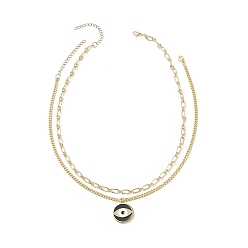 Black 2Pcs 2 Style Clear Cubic Zirconia Horse Eye Pendant Necklace Set, Brass Paperclip Chains Necklaces for Men Women, Black, 14-5/8~17-3/4 inch(37.2~45cm), 1Pc/style