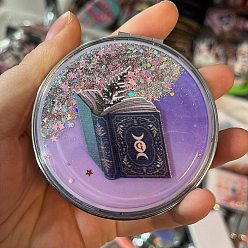 Book Sequin Quicksand Plastic Foldable Mirrors, with Glass Mirror Surface, Round Compact Pocket Mirror for Wiccan, Book, 7cm